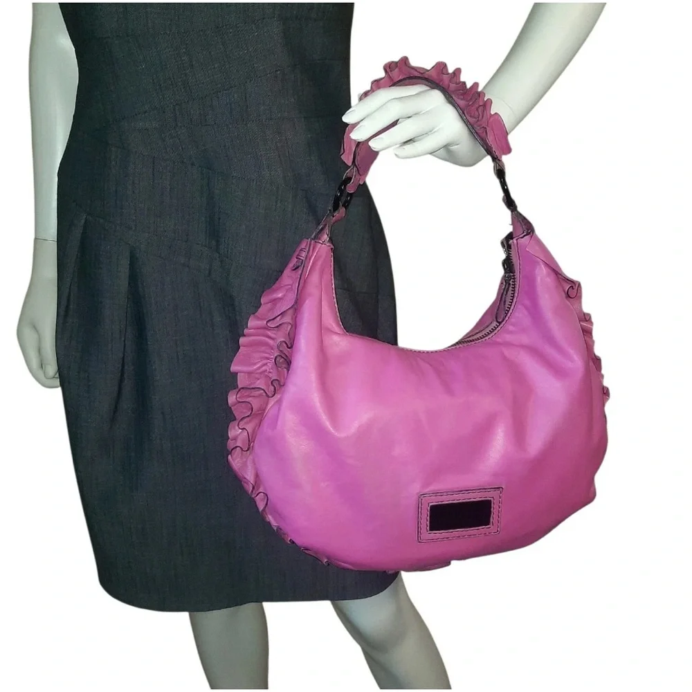 🎀 VALENTINO GARAVANI Ruffle Trimmed Nappa Leather Hobo Shoulder Bag- Hot Pink